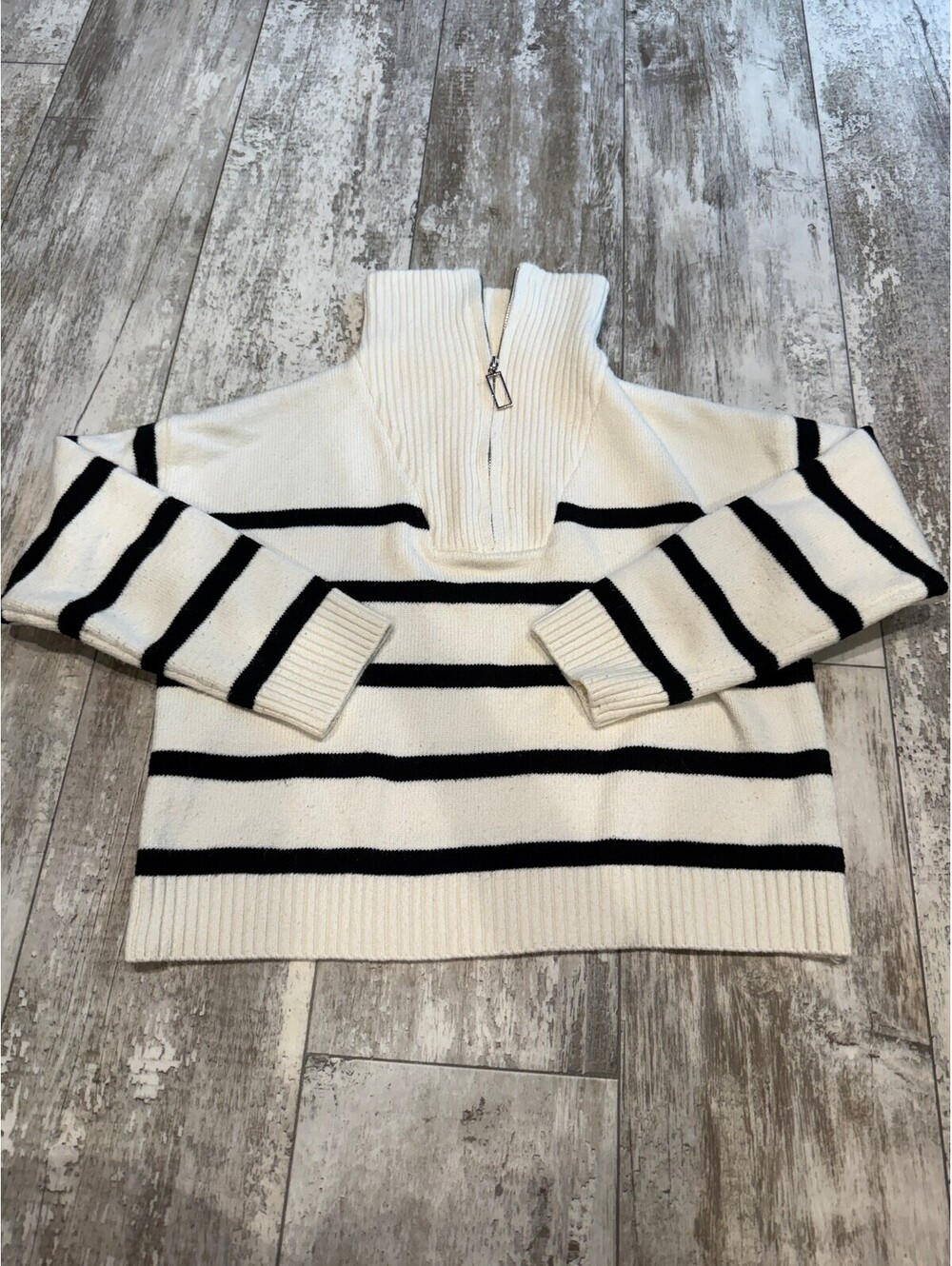 Cream Black Striped Quarter Zip Mock Neck Sweater